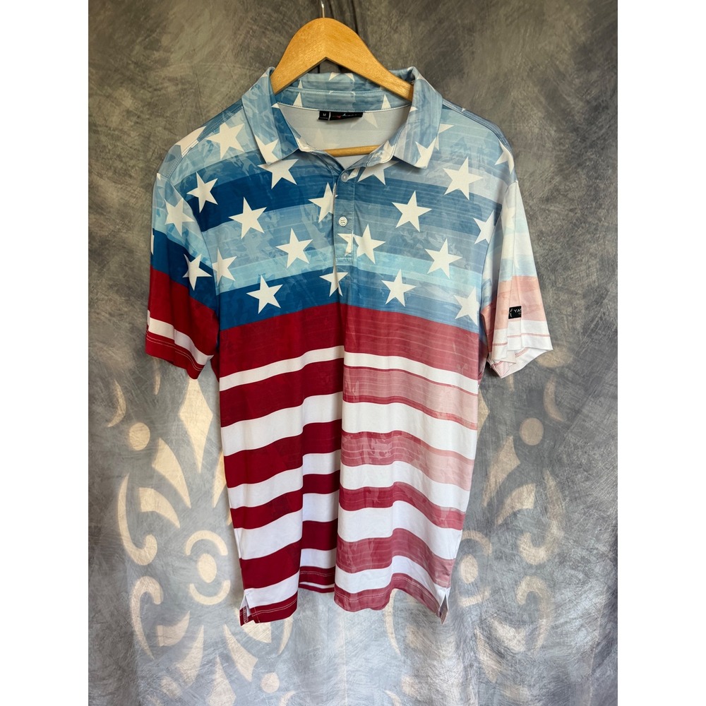 Yatta Golf Mens American Flag Polo Shirt Red White Blue Stars Stripes Medium